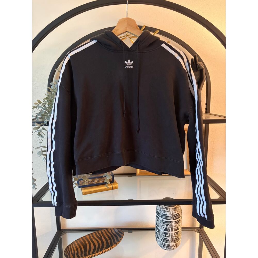 Adidas Originals Cropped Hoodie Womens Medium Black White Trefoil 3 Stripe